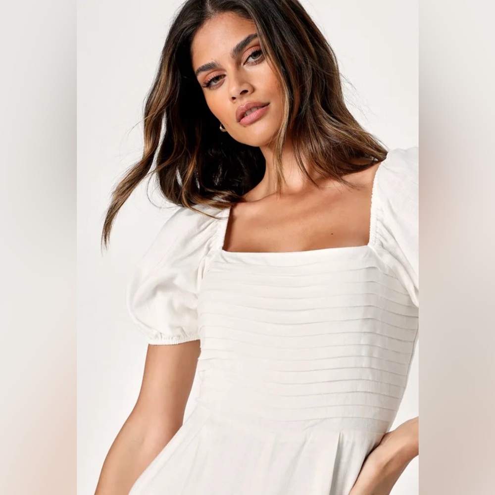 Lulus Natural Wonder White Linen Pleated Puff Sleeve Jumpsuit NWT